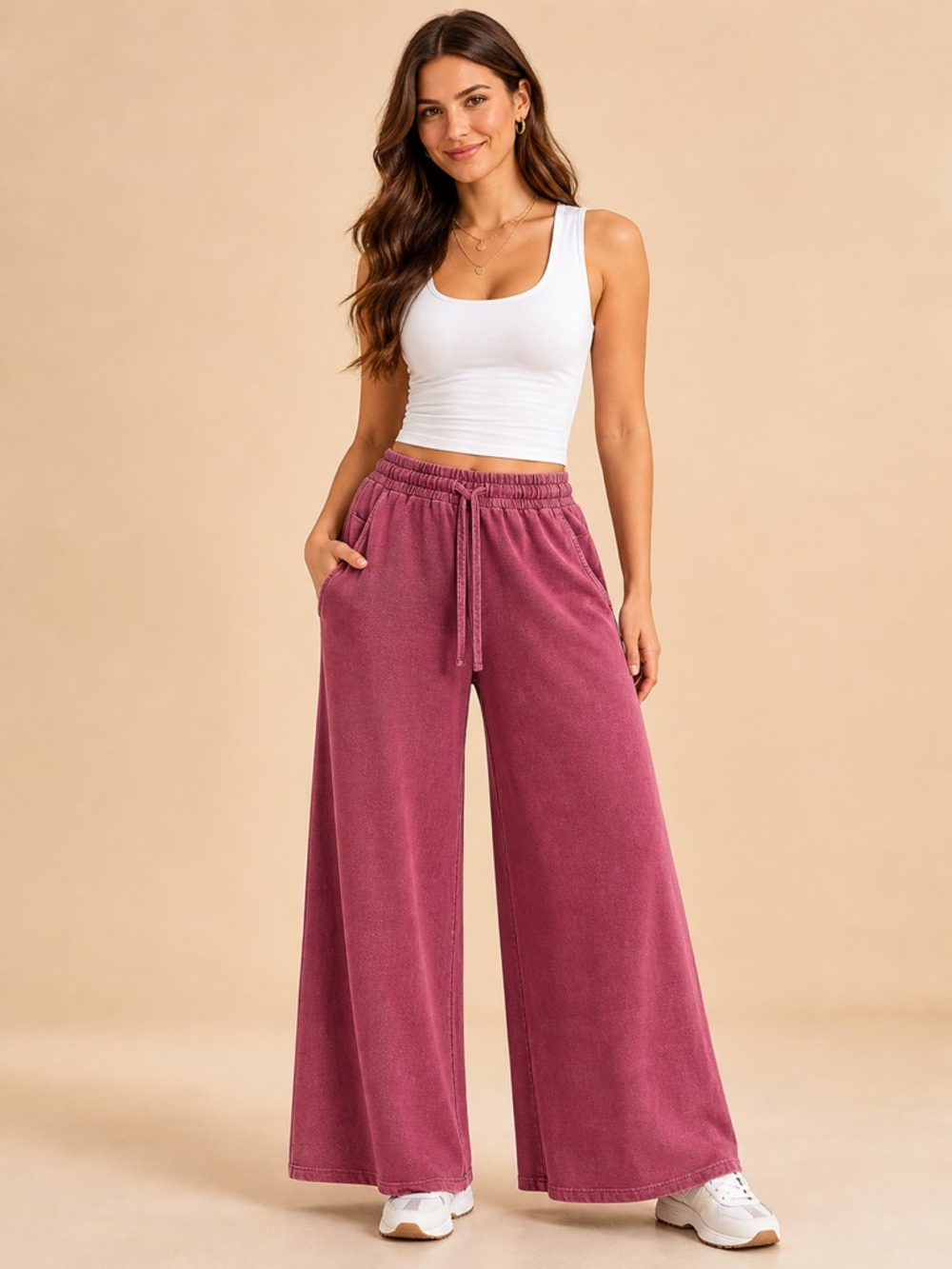 NEW Zenana Cabernet Red Acid Wash Wide Leg Sweatpants Size Large Cotton Relaxed